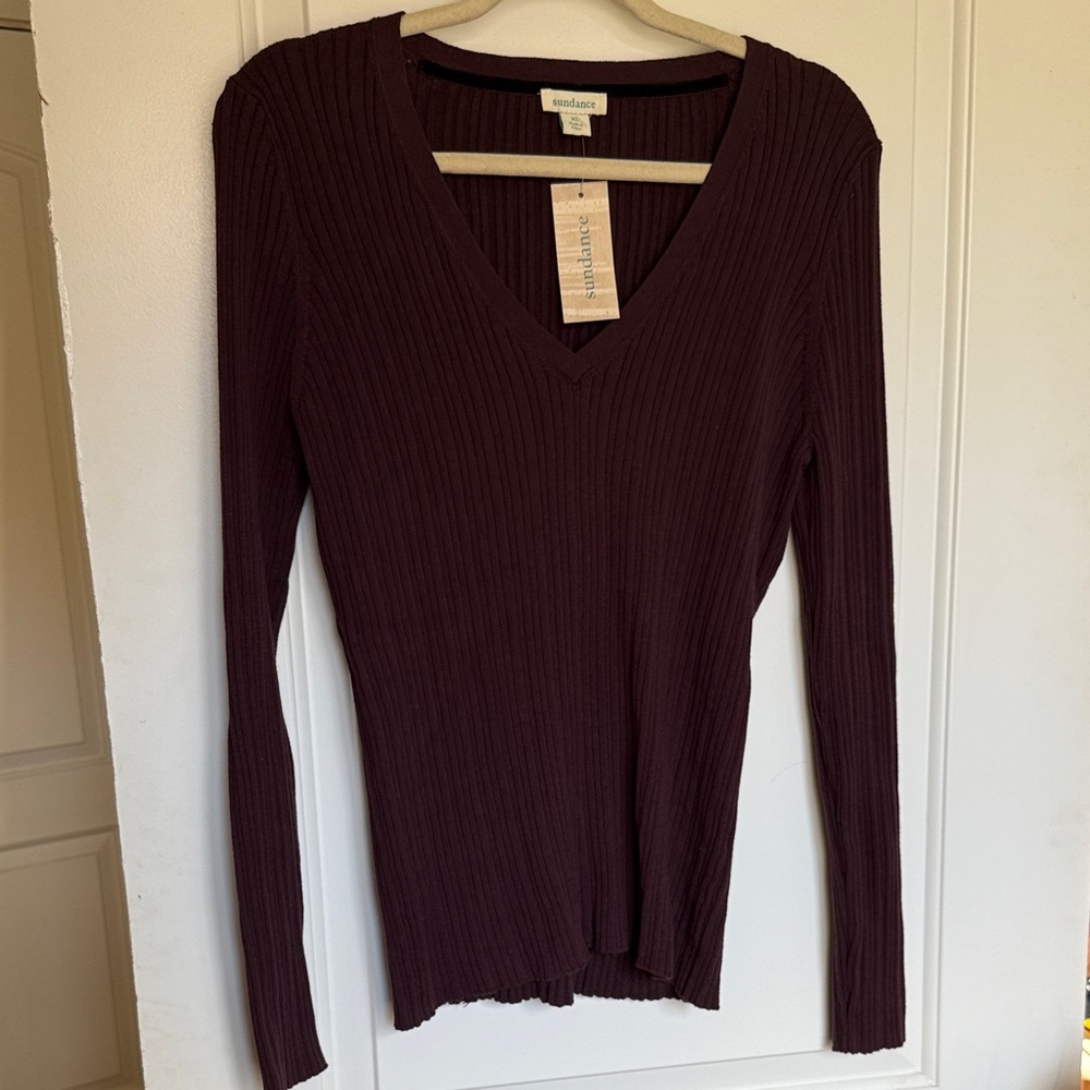 NEW! Ribbed V-Neck Long-Sleeve Top in Fudge XL Sundance catalog